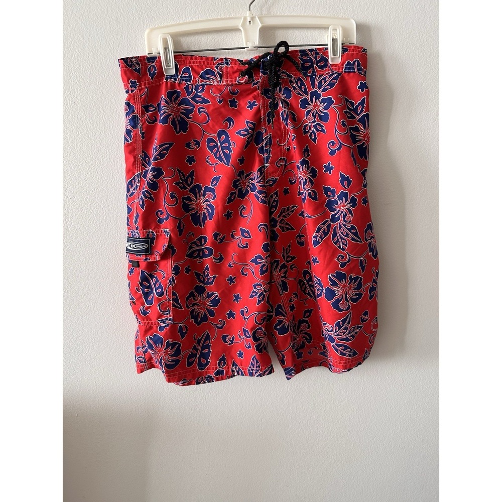 Vintage Hawaiian Island Creations Board Shorts 32x11 Red Floral Unlined Beach
